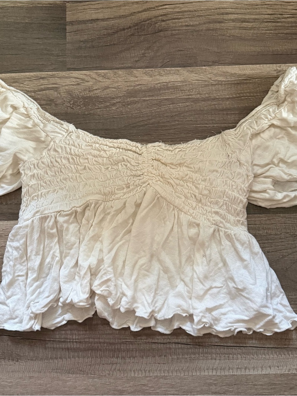 Urban Outfitters Cream Off-Shoulder Smocked Peplum Crop Top